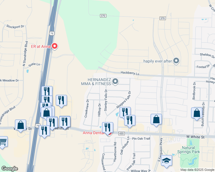 map of restaurants, bars, coffee shops, grocery stores, and more near 2125 Hanakoa Falls Drive in Anna