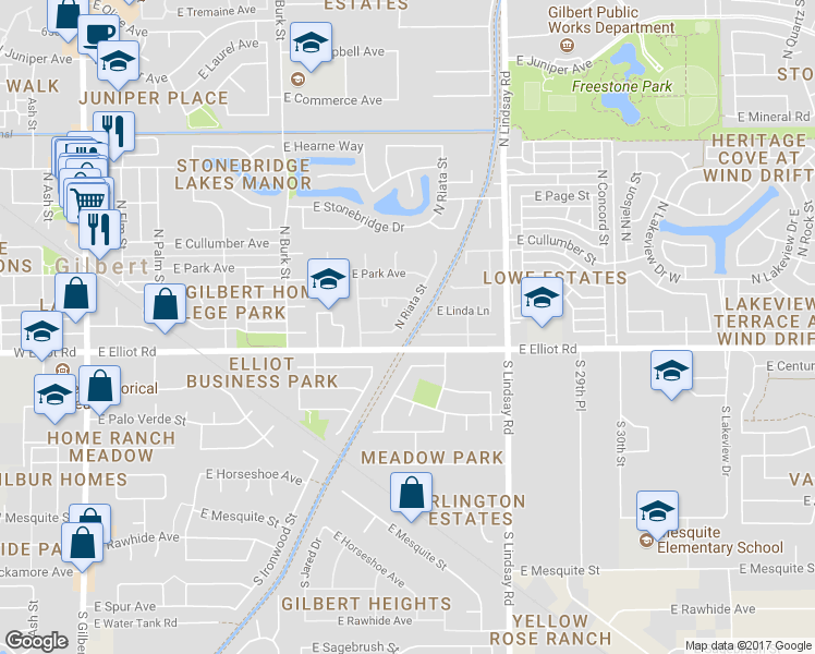 map of restaurants, bars, coffee shops, grocery stores, and more near 75 North Riata Street in Gilbert