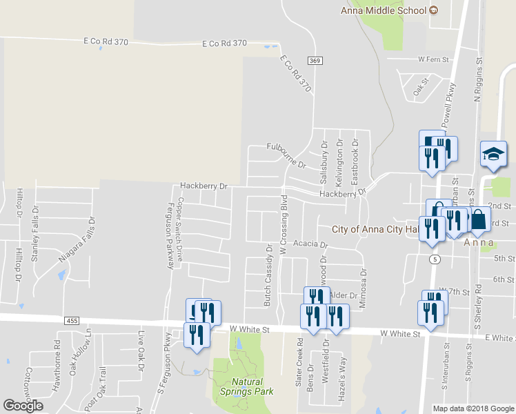 map of restaurants, bars, coffee shops, grocery stores, and more near 1132 Ainsworth Drive in Anna