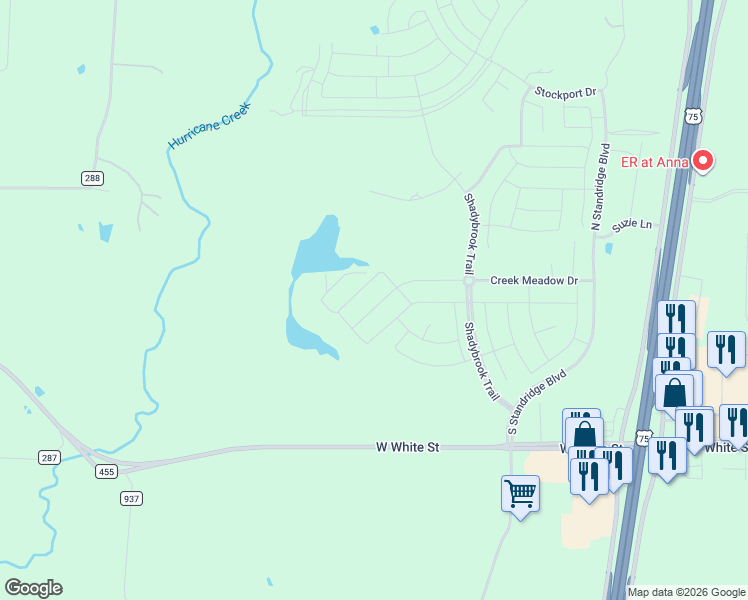map of restaurants, bars, coffee shops, grocery stores, and more near 3313 Brookside Lane in Anna