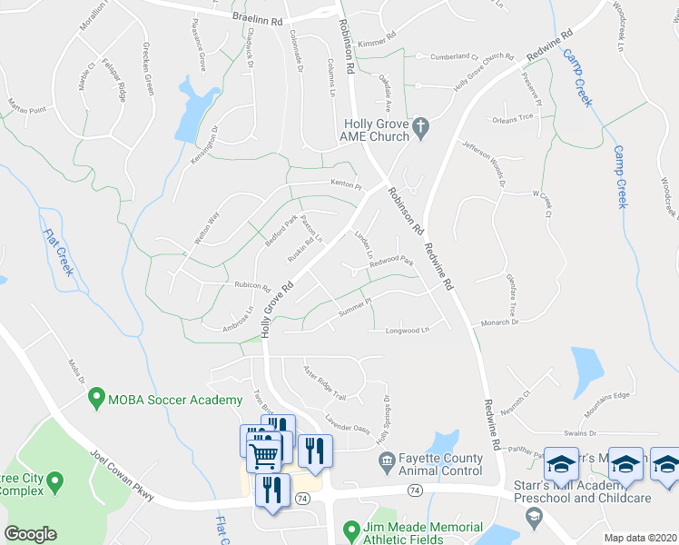 map of restaurants, bars, coffee shops, grocery stores, and more near 731 Redwood Park in Peachtree City