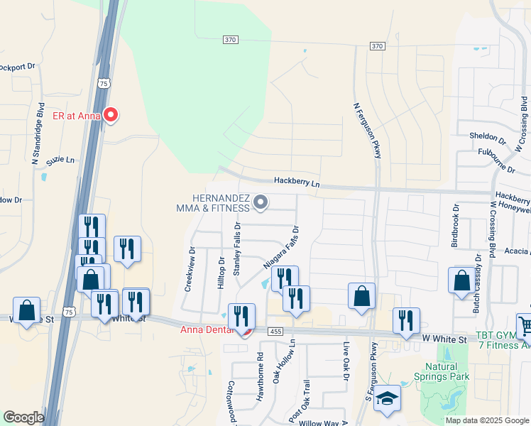 map of restaurants, bars, coffee shops, grocery stores, and more near 2041 Hanakoa Falls Drive in Anna