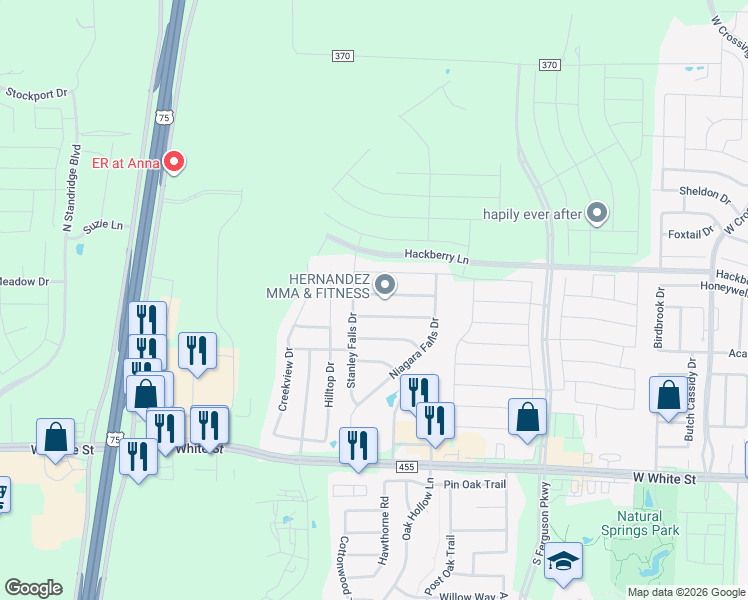 map of restaurants, bars, coffee shops, grocery stores, and more near 2125 Hanakoa Falls Drive in Anna