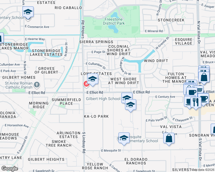 map of restaurants, bars, coffee shops, grocery stores, and more near 966 East Washington Avenue in Gilbert
