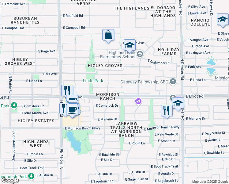 map of restaurants, bars, coffee shops, grocery stores, and more near 3542 East Cotton Court in Gilbert