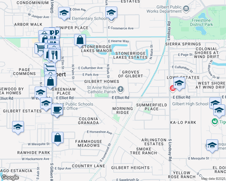 map of restaurants, bars, coffee shops, grocery stores, and more near 406 East Washington Avenue in Gilbert