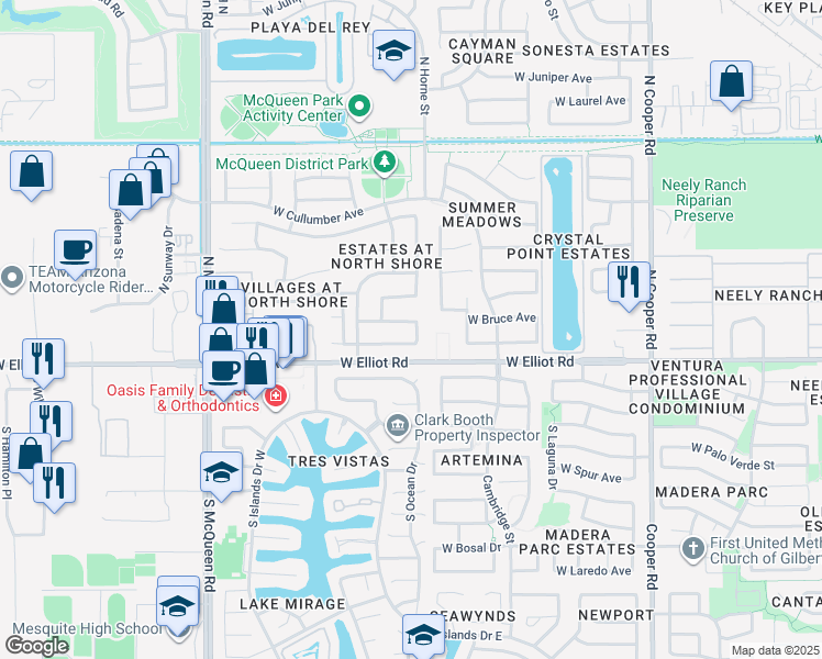 map of restaurants, bars, coffee shops, grocery stores, and more near 45 North Mondel Drive in Gilbert