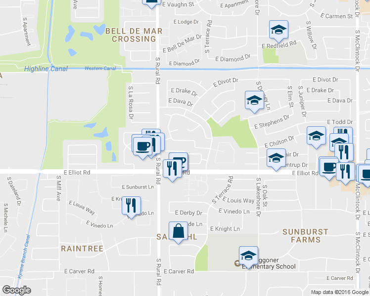 map of restaurants, bars, coffee shops, grocery stores, and more near 988 East McNair Drive in Tempe