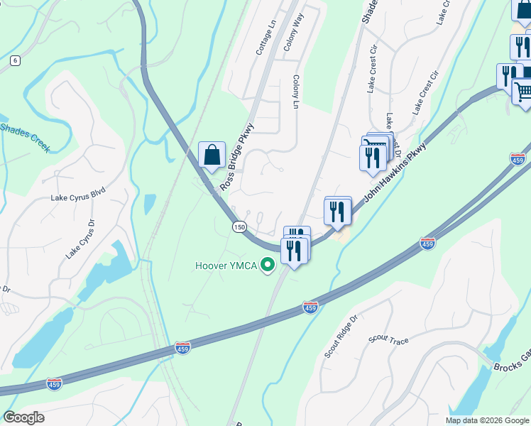 map of restaurants, bars, coffee shops, grocery stores, and more near 5303 Whisper Wood Drive in Birmingham