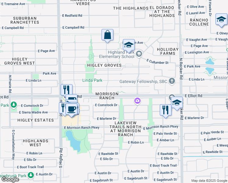 map of restaurants, bars, coffee shops, grocery stores, and more near 3542 East Cotton Court in Gilbert