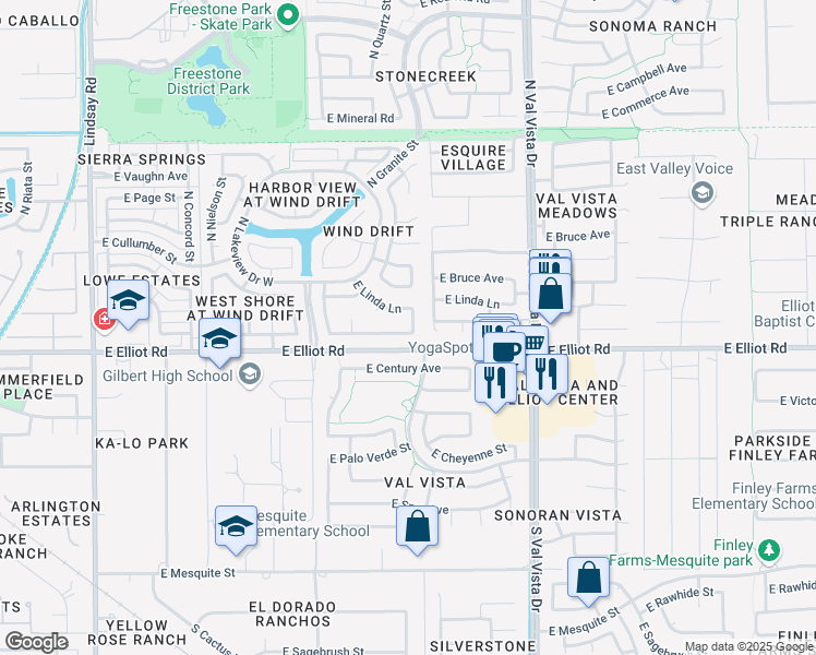 map of restaurants, bars, coffee shops, grocery stores, and more near 1368 North Rock Street in Gilbert