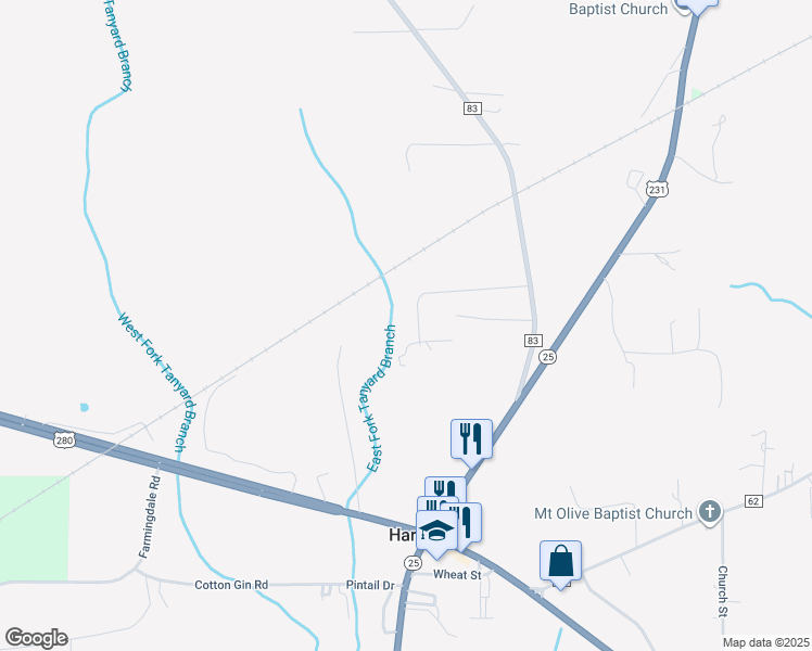 map of restaurants, bars, coffee shops, grocery stores, and more near 308 Brandy Lane in Harpersville