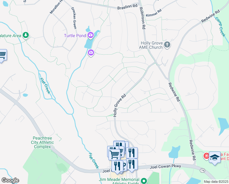 map of restaurants, bars, coffee shops, grocery stores, and more near 804 Bedford Park in Peachtree City