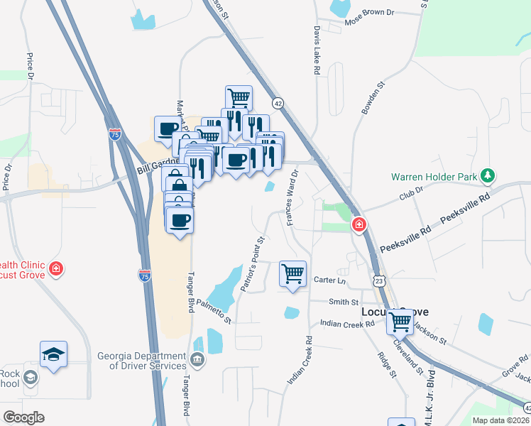 map of restaurants, bars, coffee shops, grocery stores, and more near 704 Patriot's Point Street in Locust Grove