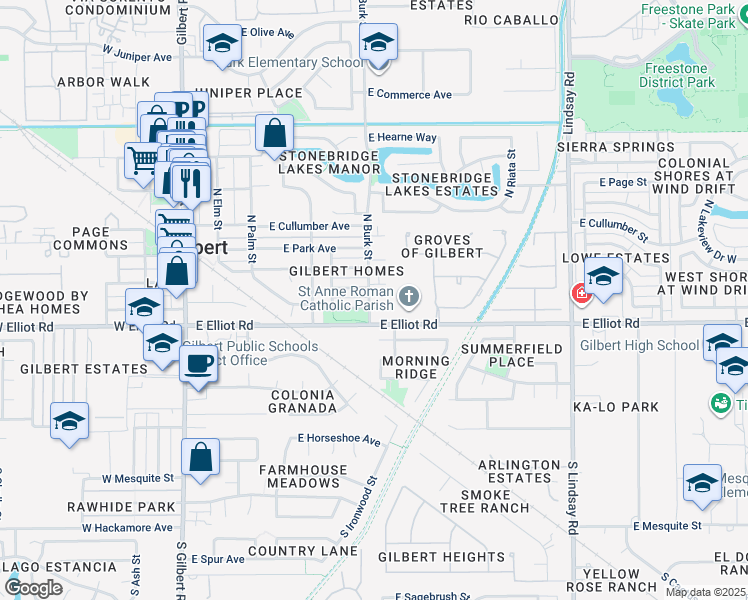 map of restaurants, bars, coffee shops, grocery stores, and more near 406 East Washington Avenue in Gilbert