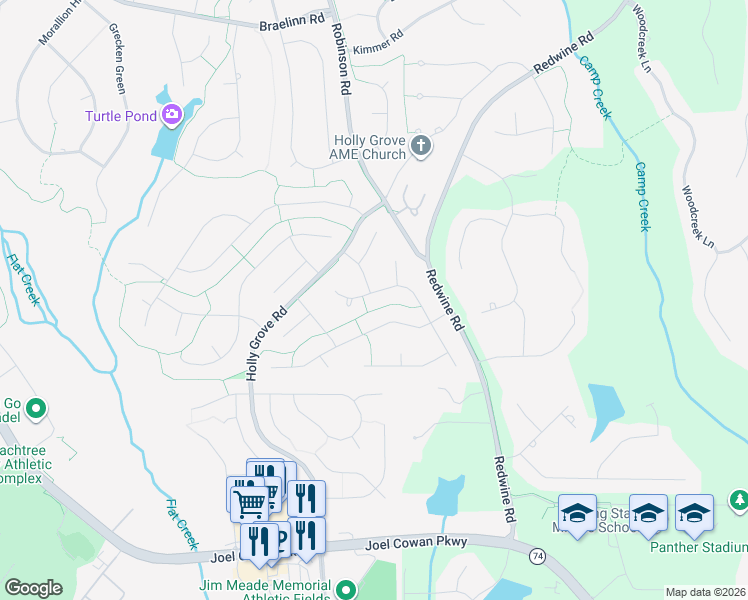 map of restaurants, bars, coffee shops, grocery stores, and more near 713 Redwood Park in Peachtree City
