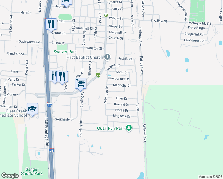 map of restaurants, bars, coffee shops, grocery stores, and more near 106 Magnolia Drive in Sanger