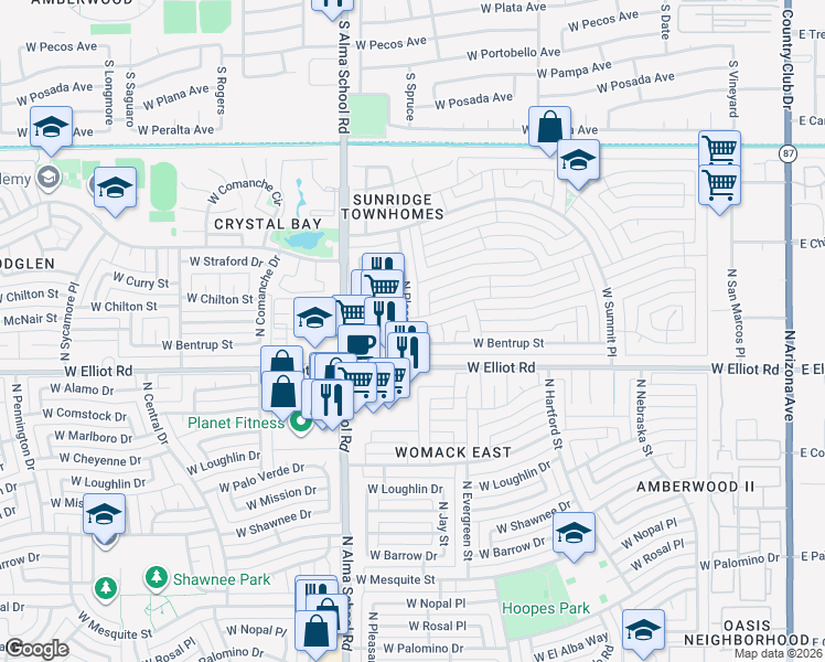 map of restaurants, bars, coffee shops, grocery stores, and more near 3013 North Pleasant Drive in Chandler