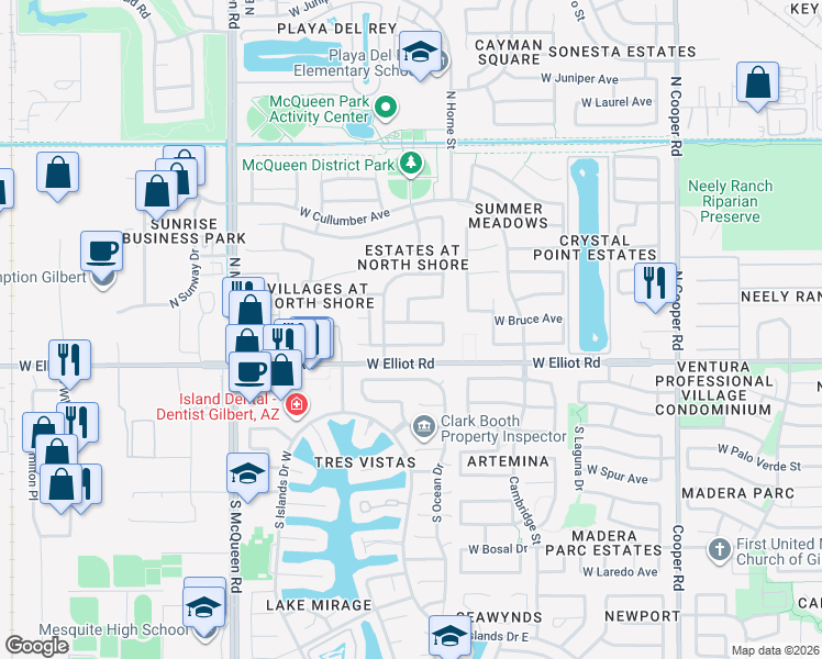 map of restaurants, bars, coffee shops, grocery stores, and more near 1265 West Bruce Avenue in Gilbert