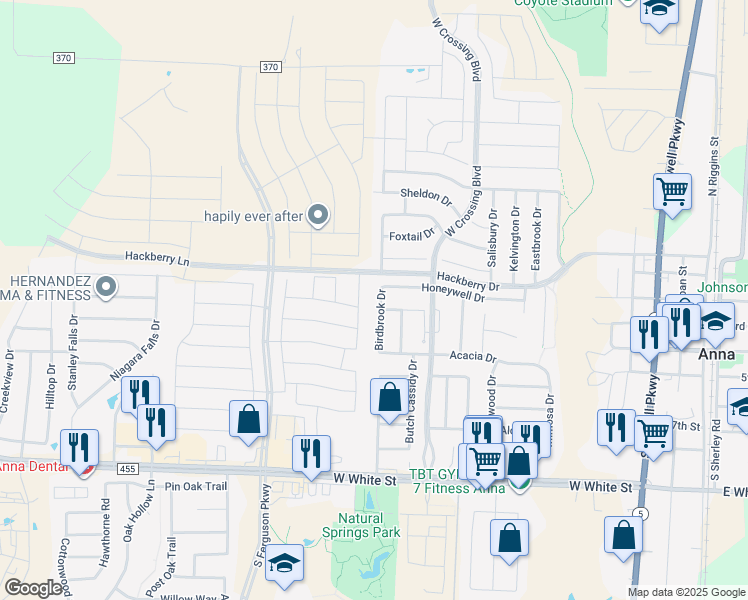 map of restaurants, bars, coffee shops, grocery stores, and more near 116 Cedar Canyon Drive in Anna