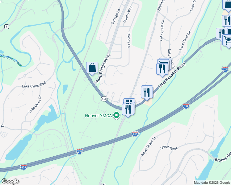 map of restaurants, bars, coffee shops, grocery stores, and more near 5303 Whisper Wood Drive in Birmingham
