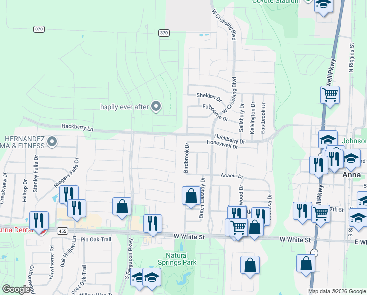 map of restaurants, bars, coffee shops, grocery stores, and more near 112 Birdbrook Drive in Anna