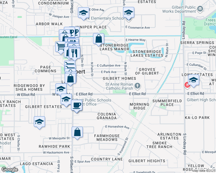 map of restaurants, bars, coffee shops, grocery stores, and more near 24 North Cottonwood Drive in Gilbert