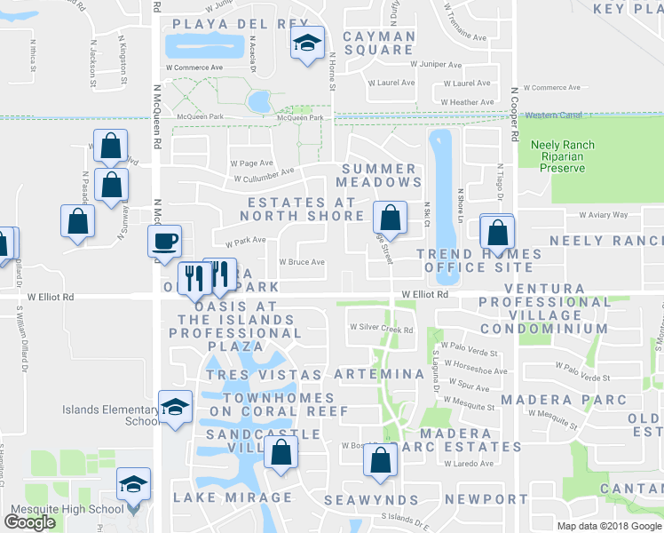 map of restaurants, bars, coffee shops, grocery stores, and more near 45 North Mondel Drive in Gilbert