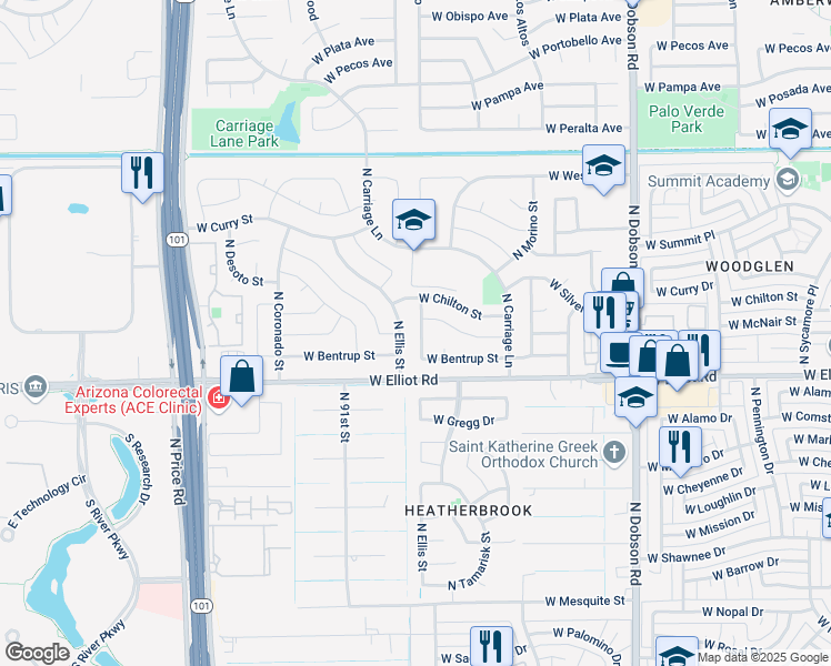 map of restaurants, bars, coffee shops, grocery stores, and more near 3012 North El Dorado Drive in Chandler