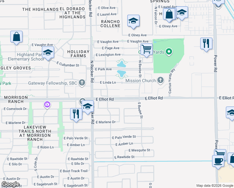 map of restaurants, bars, coffee shops, grocery stores, and more near 4160 East Cotton Court in Gilbert