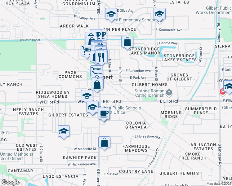 map of restaurants, bars, coffee shops, grocery stores, and more near 106 East Linda Lane in Gilbert