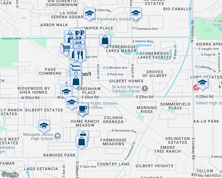 map of restaurants, bars, coffee shops, grocery stores, and more near 24 North Cottonwood Drive in Gilbert