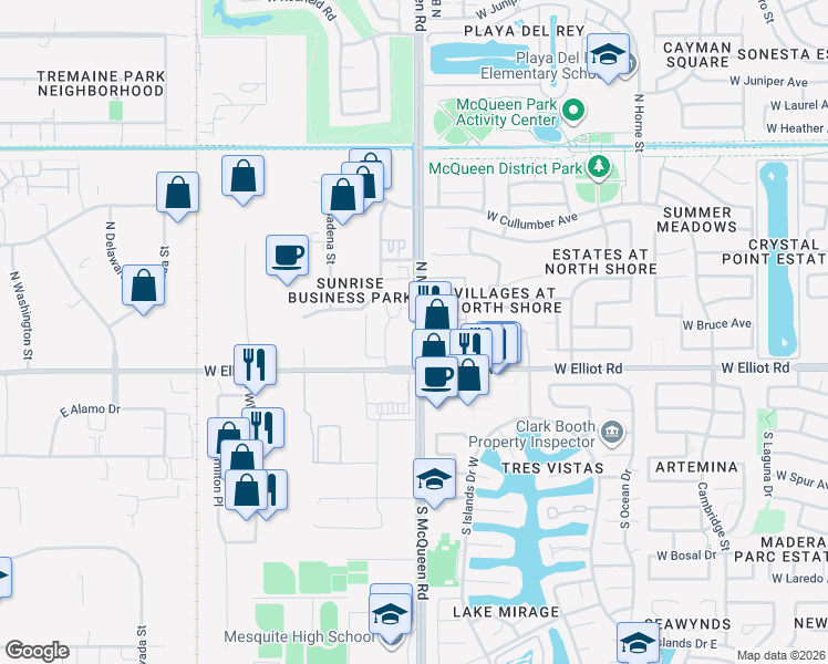 map of restaurants, bars, coffee shops, grocery stores, and more near 88 North McQueen Road in Gilbert