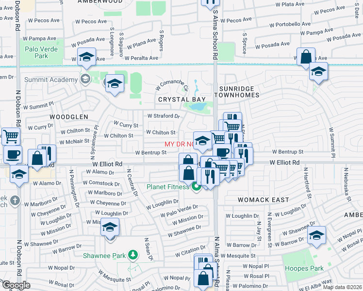 map of restaurants, bars, coffee shops, grocery stores, and more near 1203 West McNair Street in Chandler