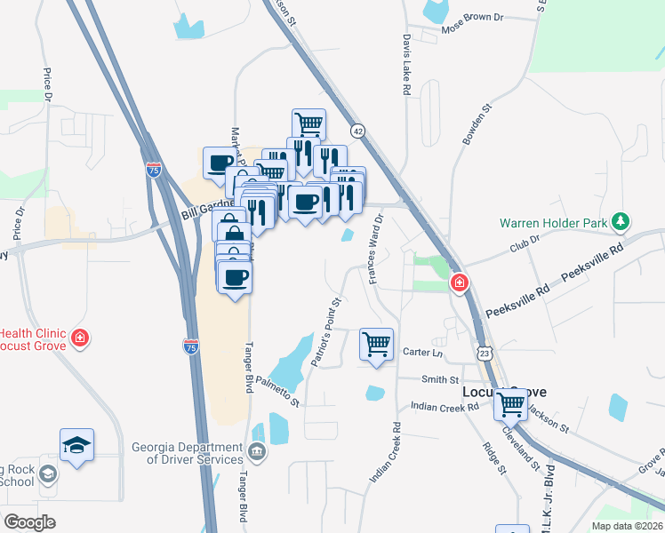 map of restaurants, bars, coffee shops, grocery stores, and more near 704 Patriot's Point Street in Locust Grove