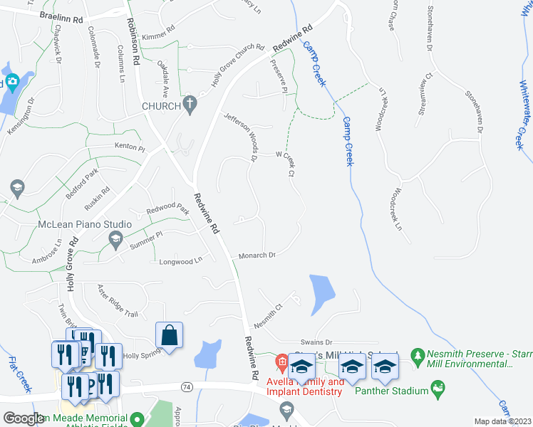map of restaurants, bars, coffee shops, grocery stores, and more near 100 Glenfare Trce in Peachtree City