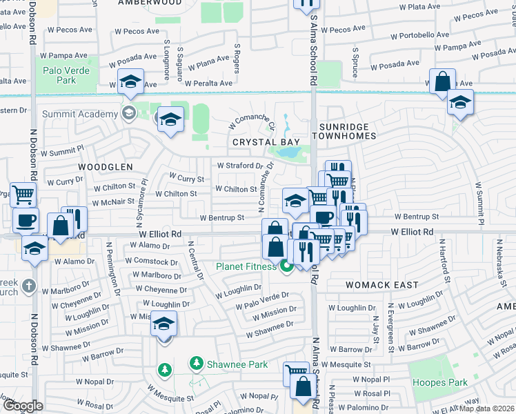 map of restaurants, bars, coffee shops, grocery stores, and more near 1203 West McNair Street in Chandler