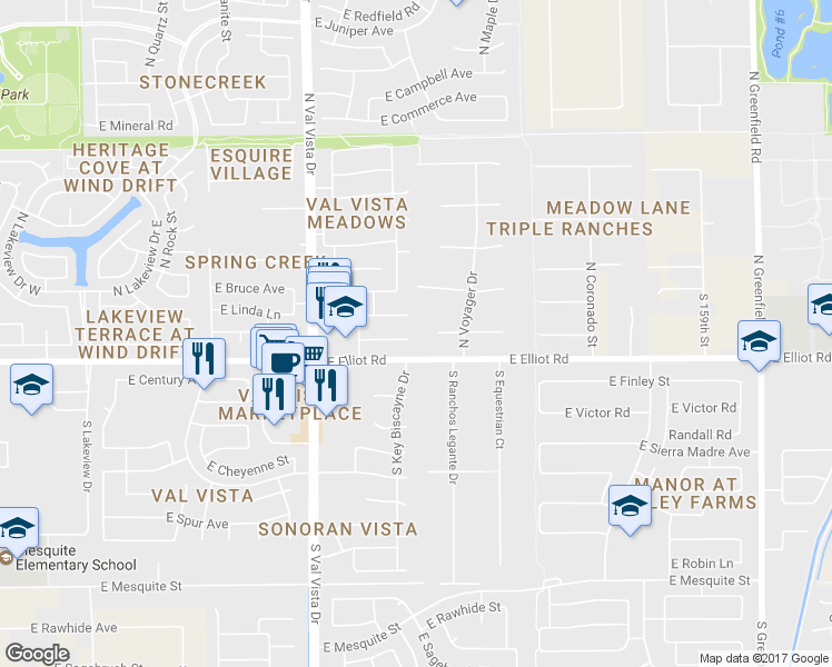 map of restaurants, bars, coffee shops, grocery stores, and more near 1774 East Cotton Court in Gilbert