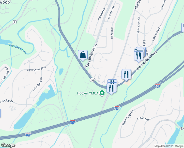 map of restaurants, bars, coffee shops, grocery stores, and more near 5520 Whisper Wood Lane in Birmingham