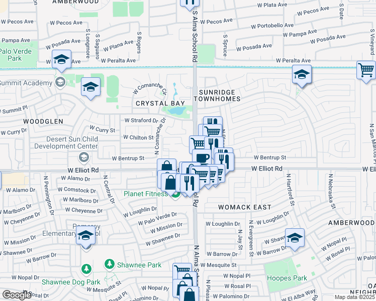 map of restaurants, bars, coffee shops, grocery stores, and more near 3180 North Alma School Road in Chandler