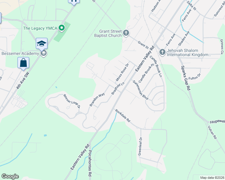 map of restaurants, bars, coffee shops, grocery stores, and more near 1700 Bradford Lane in Bessemer