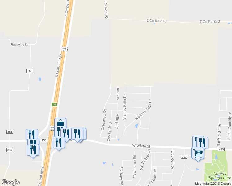 map of restaurants, bars, coffee shops, grocery stores, and more near 132 Hilltop Dr in Anna