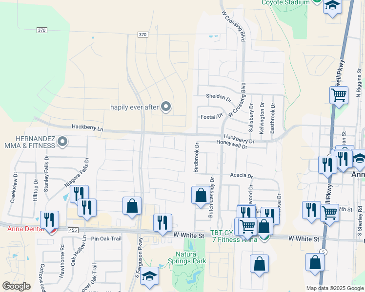 map of restaurants, bars, coffee shops, grocery stores, and more near 116 Cedar Canyon Drive in Anna