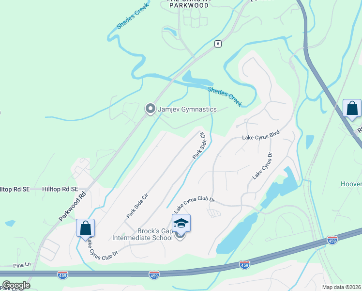 map of restaurants, bars, coffee shops, grocery stores, and more near 5294 Park Side Circle in Birmingham