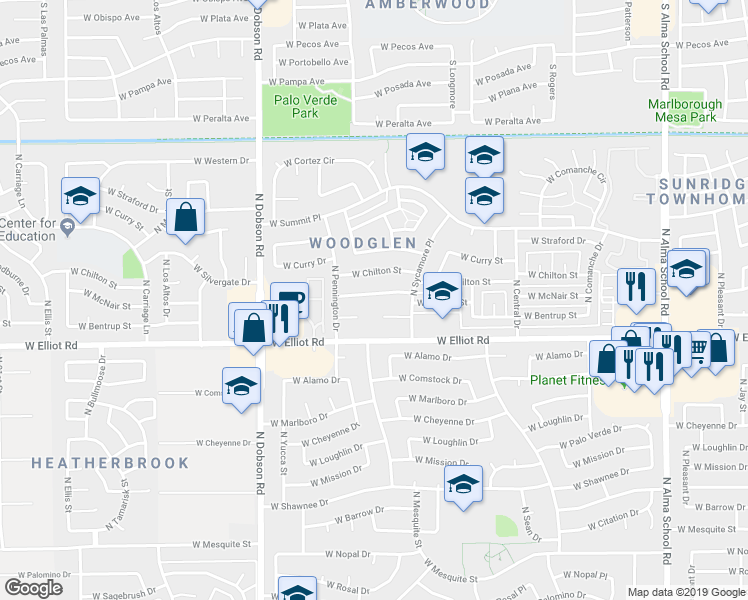 map of restaurants, bars, coffee shops, grocery stores, and more near 1703 West McNair Street in Chandler