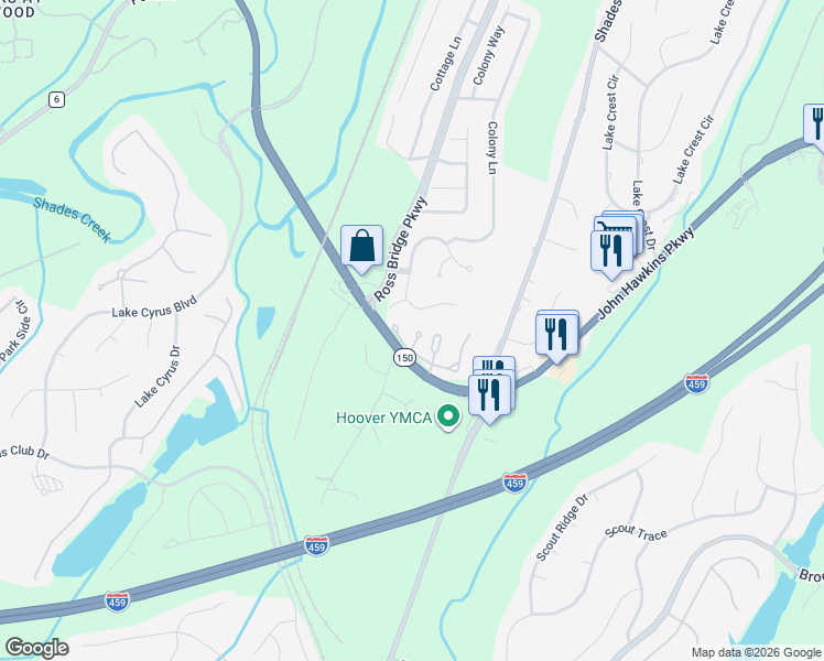 map of restaurants, bars, coffee shops, grocery stores, and more near 5520 Whisper Wood Lane in Birmingham
