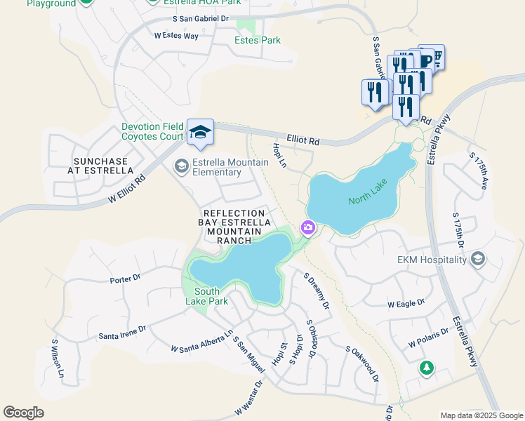 map of restaurants, bars, coffee shops, grocery stores, and more near 18115 West Cactus Flower Drive in Goodyear