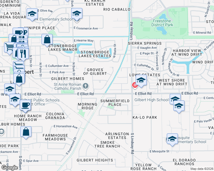 map of restaurants, bars, coffee shops, grocery stores, and more near 75 North Riata Street in Gilbert