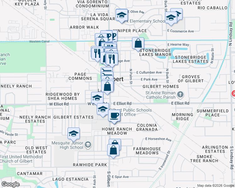 map of restaurants, bars, coffee shops, grocery stores, and more near 6 East Linda Lane in Gilbert