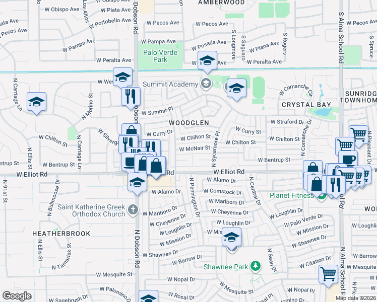 map of restaurants, bars, coffee shops, grocery stores, and more near 1703 West McNair Street in Chandler